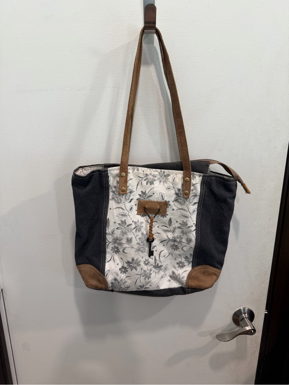 Myra Bag Black and White Floral Canvas Tote with Brown Accents